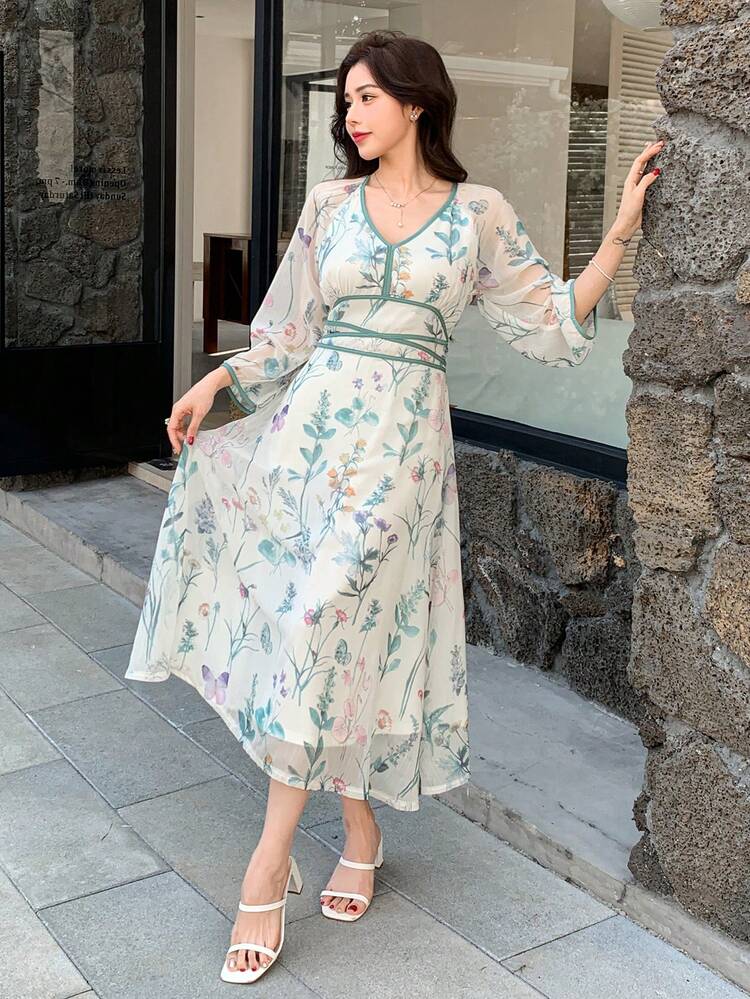 V-Neck Full Floral Pattern Midi Dress For Women, Casual & Stylish For Everyday Wear,Fall Dress Long Sleeve Dress Easter