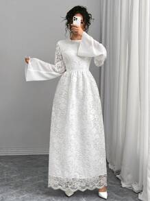 SHEIN Unity Women's Elegant Lace Patchwork Chiffon Tassel Dress Fall Cloth For Women - White - View 3