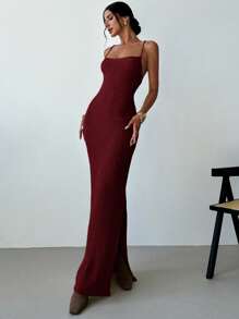 Firerie Women Casual Elegant Fashion Sexy Criss-Cross Backless Cutout High Slit Midi Knit Dress - Burgundy - View 5