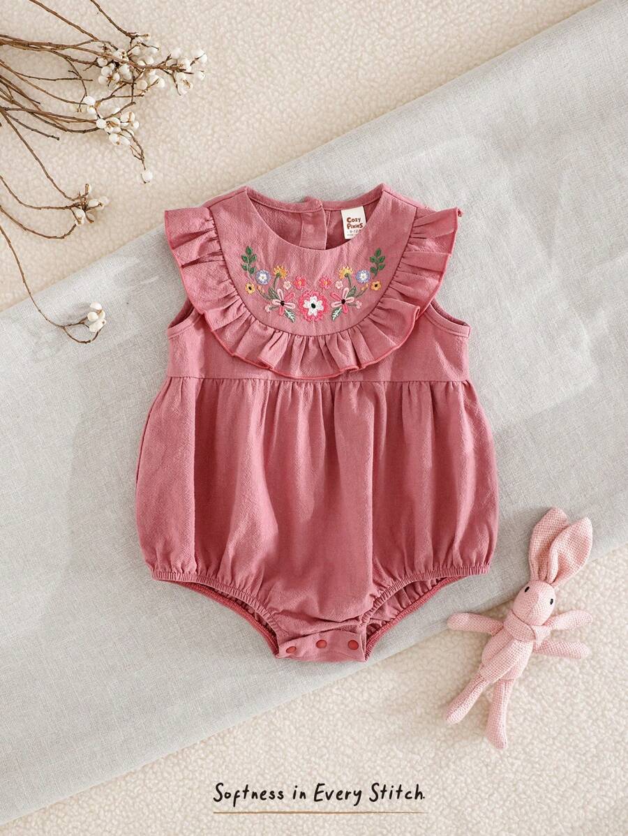Cozy Pixies Baby Girl Floral Print Ruffle Trim Sleeveless Bodysuit - Pink - View 1