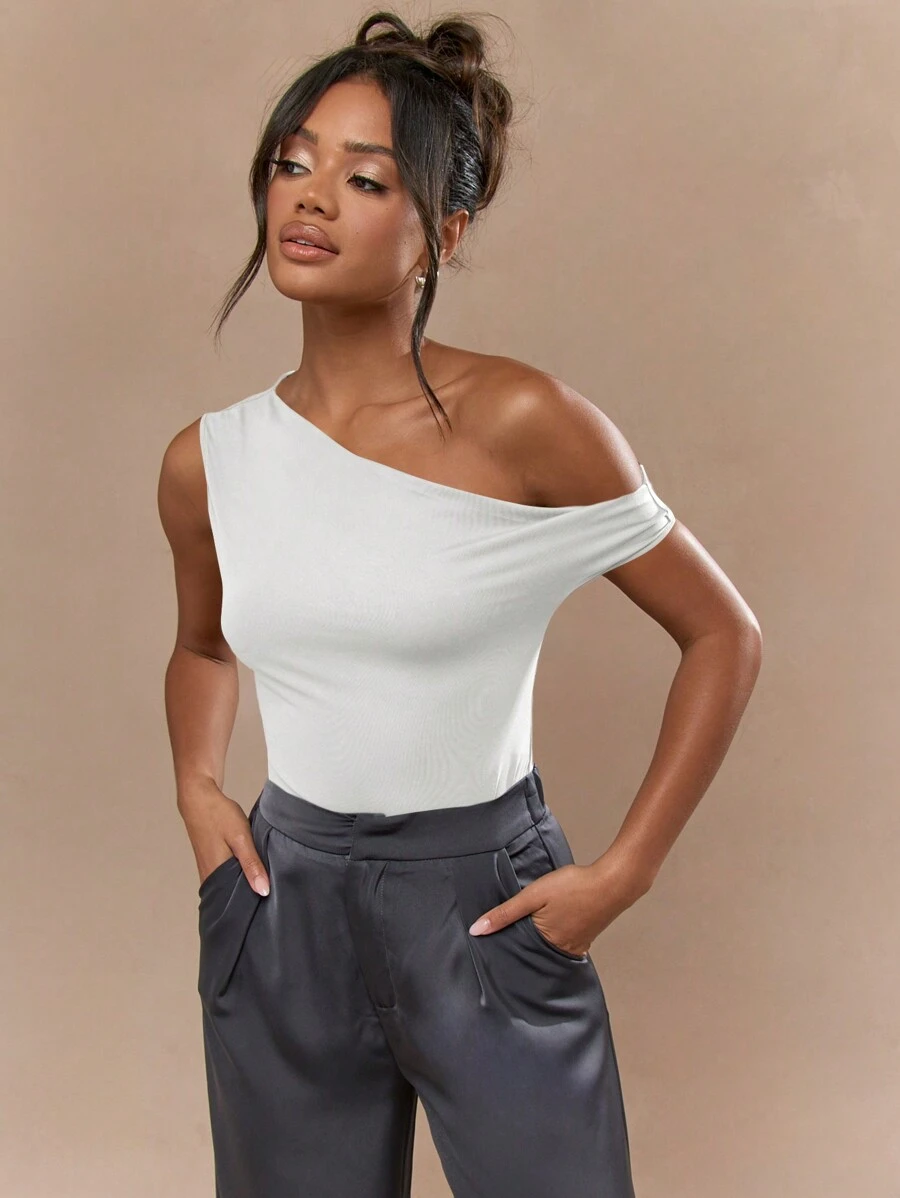 MISSGUIDED 垂墜單肩緊身連身衣 優雅晚宴針織貼身派對夜店休閒約會百搭無袖不對稱領口按扣開合 - 白色 - 查看 1