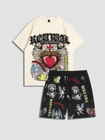 Street Life Men Vintage Painting Letter & Heart Print Round Neck Short Sleeve T-Shirt And Drawstring Waist Shorts Set