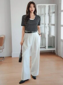 DAZY Women's Color Block Striped Short Sleeve Knit Sweater Top (2 In 1) - Black and White - View 2