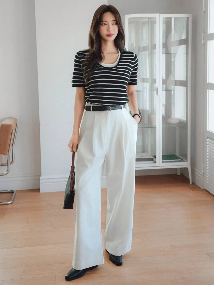 Women's Color Block Striped Short Sleeve Knit Sweater Top (2 In 1)