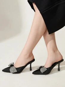 CUCCOO CHICEST Women's Pointed Toe High Heel Rhinestone Bow Elegant Slip-On Mules, Suitable For Work, Dating, Party, Wedding Spring Shoes Spring Break Easter Prom Heels - Black - View 3