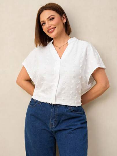 SHEIN Clasi Plus Size V-Neck Textured Fabric Blouses For Spring And Summer