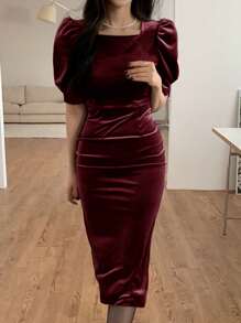 DAZY 女士纯色方领泡泡袖酒红色优雅连衣裙 优雅红色女士连衣裙 圣诞节舞会礼服 长款连衣裙 - 酒紅色 - 查看 5