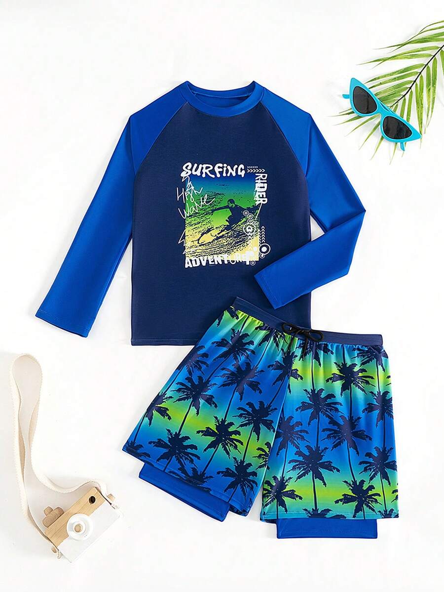 Tween Boys' Letter Print Raglan Sleeve Long Sleeve Rash Guard Top And Swim Trunks Set - Multicolor - View 1