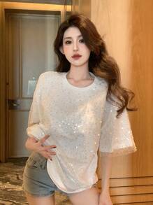 DAZY Women Shiny Mesh Short Sleeve Beaded T-Shirt With 2 In 1 Design, Sequin New Years T-Shirt Carnival - White - View 6