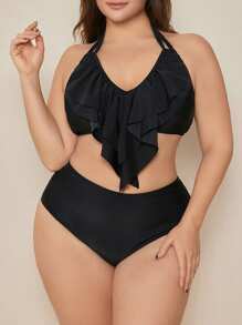 SHEIN Swim Curve مجموعة بكيني نسائية بسحابات كبيرة الحجم - الأسود - مشاهدة 3