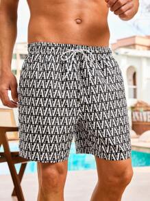 Surfspeed Men's Letter Print Drawstring Waist Beach Shorts - Black and White - View 1