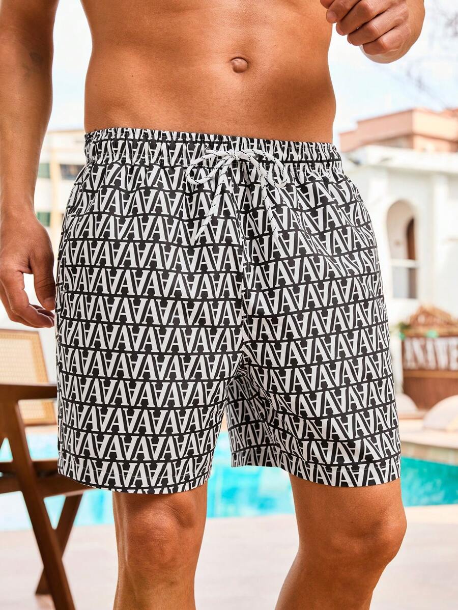 Surfspeed Men's Letter Print Drawstring Waist Beach Shorts - Black and White - View 1