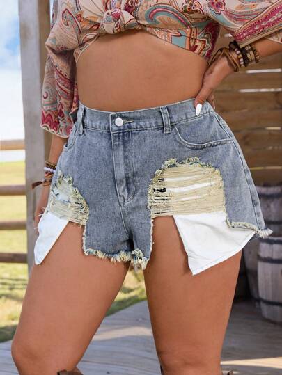 SHEIN Clasi 大码女式宽松破洞牛仔短裤，复古水洗西式服装