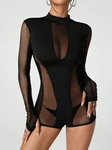 SHEIN ICON Asymmetrical Collar Mesh Inset Bodycon Romper - Black - View 4