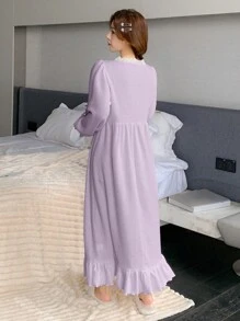 DAZY Sweet Textured Fabric Lace Patchwork Square Neck Ruffle Hem Nightgown - Purple - View 2