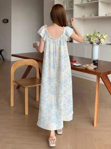 DAZY 女士浪漫满身印花荷叶边袖睡袍，褶皱面料睡衣，Moo Moo