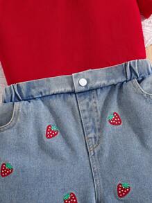 Tween Girls Open Shoulder Strap & Embroidered Strawberry Denim Shorts Set - Red - View 7