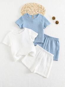 Cozy Pixies 2 Stücke/Set Baby Jungen einfarbiger Rundhals Kurzarm Pullover und Shorts Set mit Gummibund