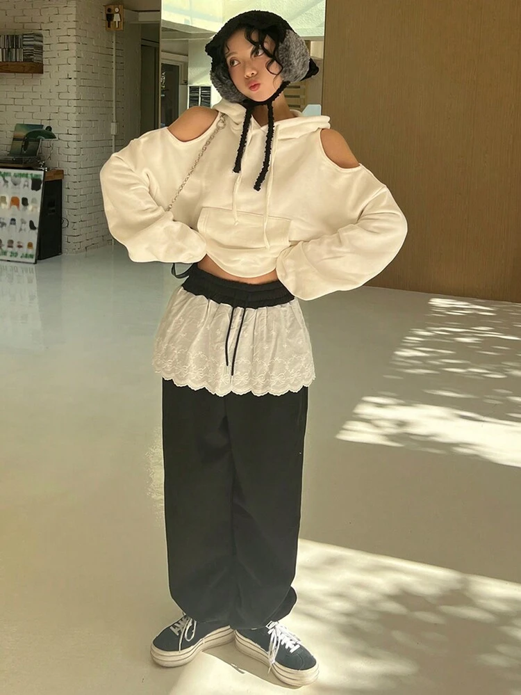 Women Contrast Lace Skirt With Sweatpants, Loose Fit Sports Casual Wear, All Season Festival Women Joggers