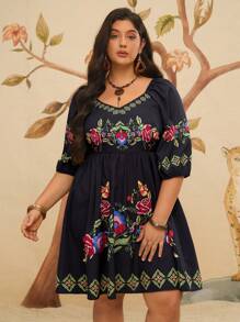 Travachic Plus Size Women Boho Casual Floral Print Black Short Dress, For Summer - Black - View 4