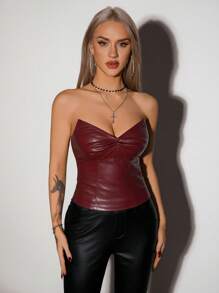 SHEIN ICON Ropa para el Día de San Valentín Parte superior bandeau de tubo veraniego Elegante retro Oscuro gótico Copa puntiaguda Camisola corta de PU