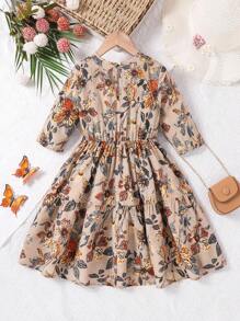 SHEIN Young Girl Vintage Ditsy Floral Print Loose Casual Round Neck 3/4 Sleeve A-Line Midi Dress, Matching Family Vacation, National Style Vintage Rose Ditsy Floral, Spring/Summer, National Style, Casual, Vintage, Mom And Daughter & Sisters Matching.For Vacation.