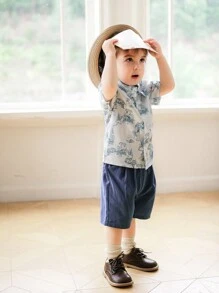 Souflis Souflis Infant/Toddler Boy Summer Floral Print Lapel Collar Short Sleeve Shirt & Straight Loose Casual Shorts 2pcs Suit Set, Fashionable And Comfortable For Summer Vacation