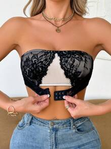 1pc Casual Lace Front Clasp Bandeau Bra Lingerie - Black - View 3
