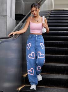 2pcs/Set Teen Girl Heart Print Straight Leg Pants With Camisole Top - Pink - View 1