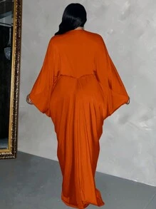 Maweii Plus Size Women's Elegant Solid Color Deep V-Neck Batwing Sleeve Dress, Suitable For Parties Maxi Women Outfit - Coral Orange - View 2