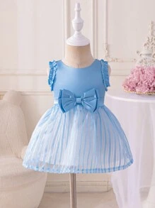 Glamorique Kids Spring/Summer Azure Blue Ruffle Trim Striped Organza Midi Dress - Baby Blue - View 9