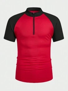 Manfinity Homme Men's Casual Color Block Patchwork Stand Collar Short Sleeve T-Shirt,Men's Casual Daily Multifunctional INS Geometric Texture Jacquard Style, Fashionable Men's Clothing, Gifts For Husband And Boyfriend, Sports Comfortable Elastic Fabric, Ultra Low Price High-End Luxury Fabric Texture, Unique Design, Outdoor Travel, Commuting To Work, INS Versatile Item, Black And Red Color Block , Zipper Style