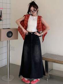 DAZY 女士休闲牛仔A字裙，简约时尚，适合日常穿着的牛仔裙 - 黑色 - 查看 2