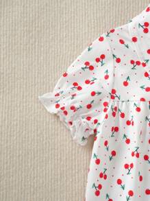 2pcs Baby Girls Red & White Color Block Printed Short Sleeve Crop Top And Shorts Set, Home Outfit