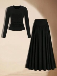 Flirla Conjunto de 2 piezas talla grande para mujer: Camiseta de cuello redondo + Falda larga plisada de talle alto en línea A, casual en negro