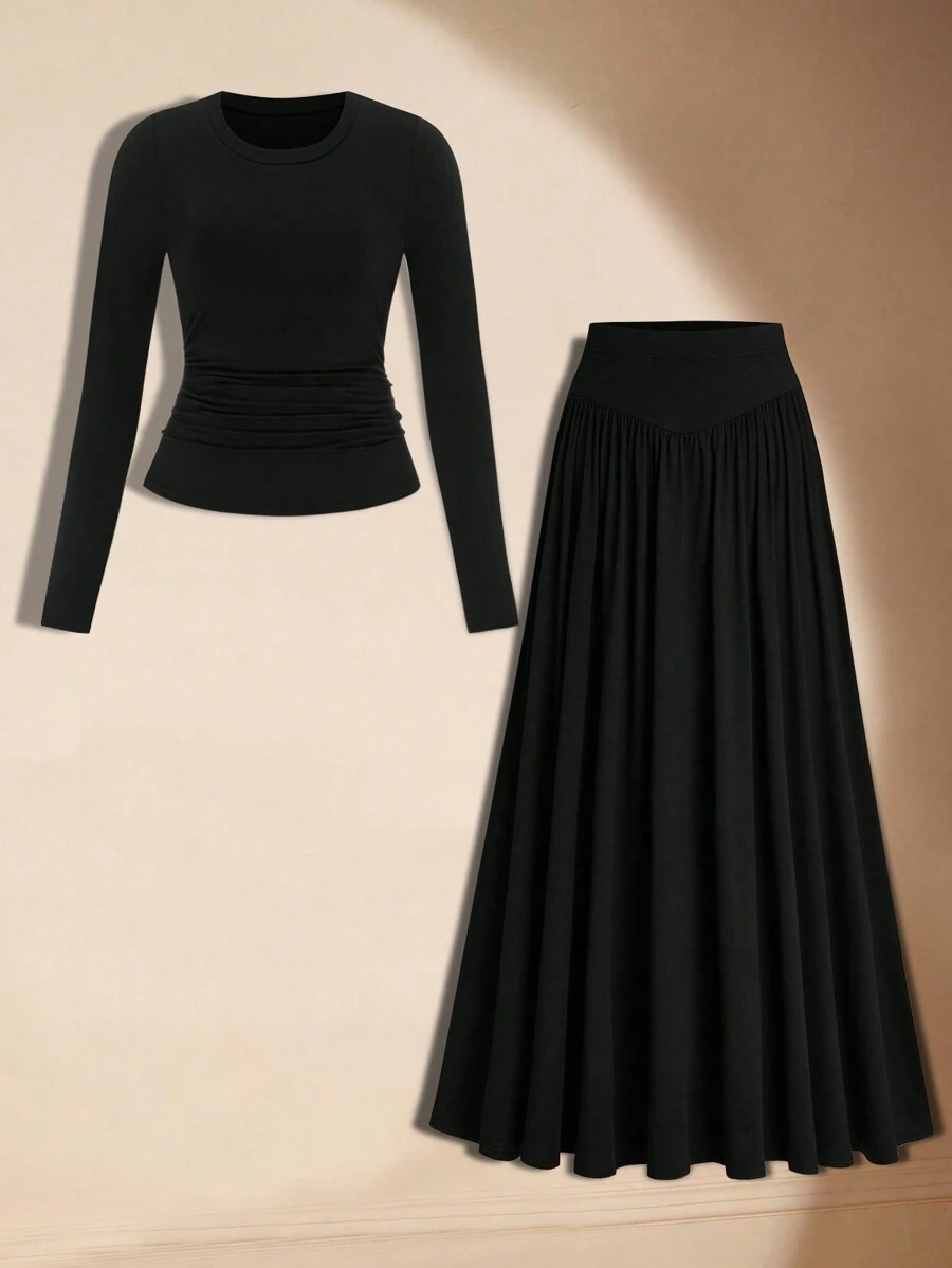 Flirla Conjunto de 2 piezas talla grande para mujer: Camiseta de cuello redondo + Falda larga plisada de talle alto en línea A, casual en negro