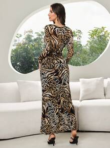 Modelyn Women's  Elegant Sexy Pile Collar Leopard Print  Cheetah Print  Long Sleeve Top, Fish Tail Slim Skirt Two-Piece Set, Spring,  Festival  Valentine's Day - Multicolor - View 2