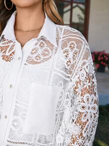 SHEIN LUNE Plus Size Women Floral Lace Long Sleeve Button-Down Fashion Shirt Boho Old Money  Bohemian Summer Tops Vacation Outfits Woman 90s Clothes Summer Outfits For Women Summer Tops Vacation Outfits Woman White Shirt Old Money