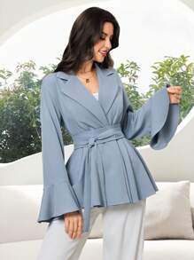 Al Najma Áo nữ màu trơn cổ bẻ tay loe phong cách Ả Rập - Màu xanh lam - Xem 3