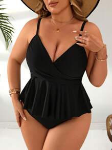 SHEIN Swim Lushore Plus Size Women 2pcs Solid Color Cross Ruffle Hem Hem Split Side Tankini Set, For Summer Beach Vacation - Black - View 1