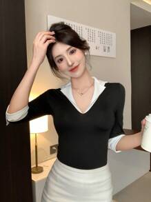 DAZY 女士拼色仿两件套休闲 T 恤，简约时尚，适合日常穿着 - 黑色 - 查看 5