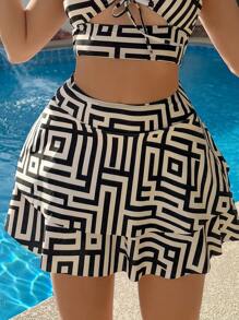 SHEIN Swim 3 stuks damesmode halterstrik holle voorkant strik bedrukte rok badmode set, zomer