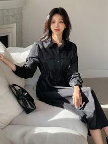 DAZY 设计领收腰轻盈长裙衬衫裙秋季连衣裙长袖连衣裙