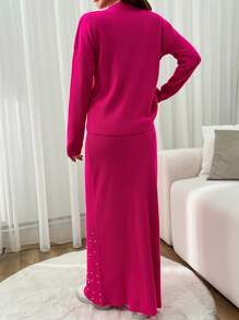 RueChic Conjunto de tejido de punto de falda larga y jersey con perlas - Rosa Fucsia - Ver 2