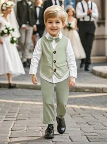 SHEIN 适合年轻男孩的绅士三件套西装，包括优雅的领结、白领衬衫、背心和休闲西装裤。时尚绅士装适合日常休闲穿着、生日派对、婚礼、万圣节、圣诞节、感恩节庆祝活动、正式场合和表演 - 薄荷綠 - 查看 3