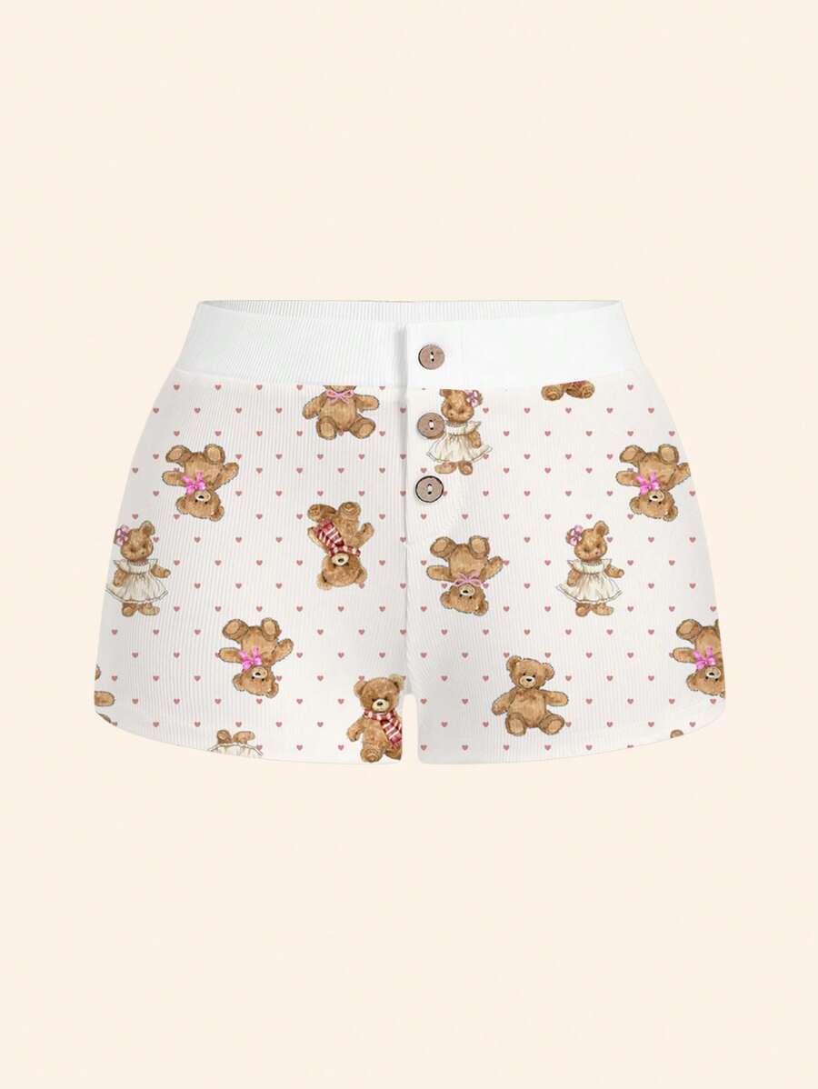 SHEIN ICON Quần short dệt kim hình trái tim và gấu dễ thương cho nữ, quần short thường ngày thoải mái cho bé gái tuổi teen, thích hợp cho mùa hè - Nhiều màu - Xem 1