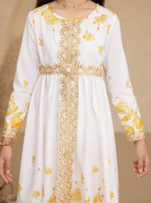 Tween Girls' Elegant Floral Lace & Gradient Rose Print Long Sleeve Dress, Suitable For Daily Work, Parties, Family Gatherings, Casual Vacation, Spring/Summer - White - View 4