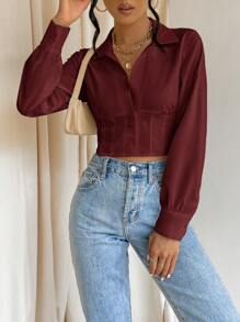 SHEIN Privé Casual Solid Color Criss Cross Tie Front Cropped Shirt - Burgundy - View 6