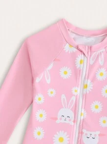 年轻女孩新款时尚连体拼布印花泳衣 - 淺粉色 - 查看 3