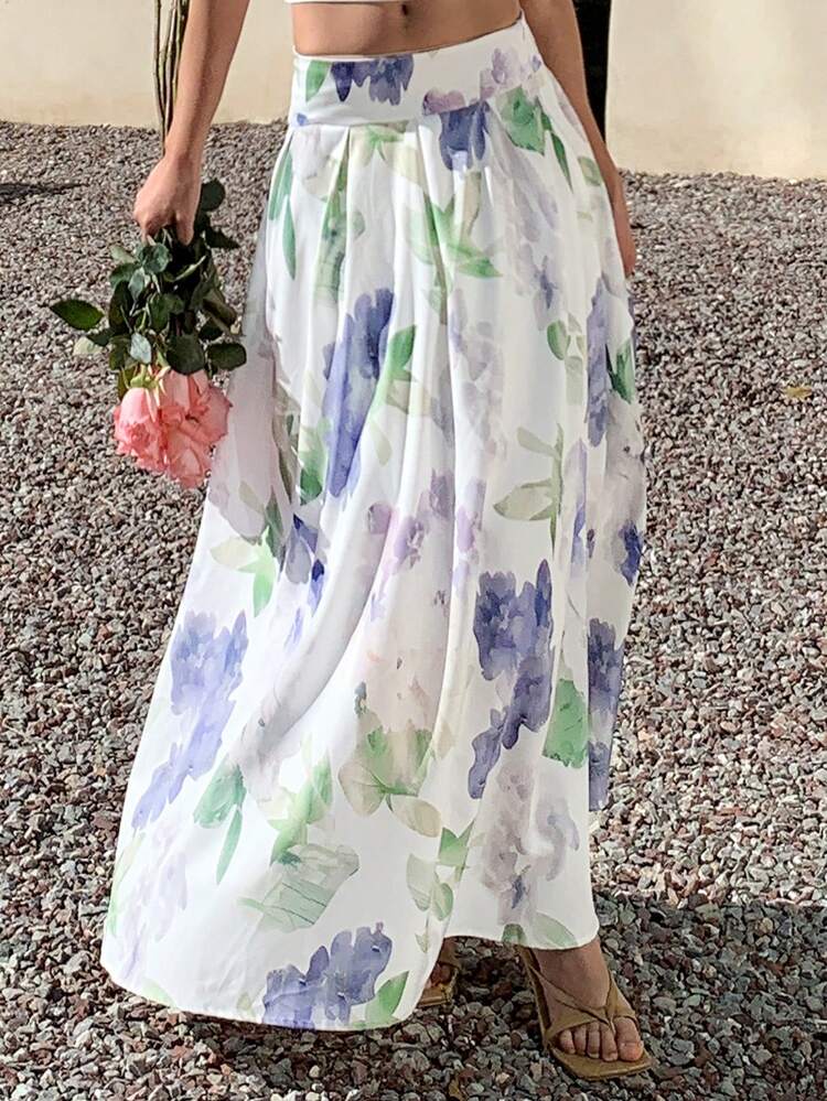 Women's Elegant Floral Print Long Skirt Summer